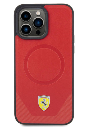 Ferrari iPhone 15 Pro Magsafe Uyumlu Pu Karbon Kılıf Kırmızı  Ferrari
