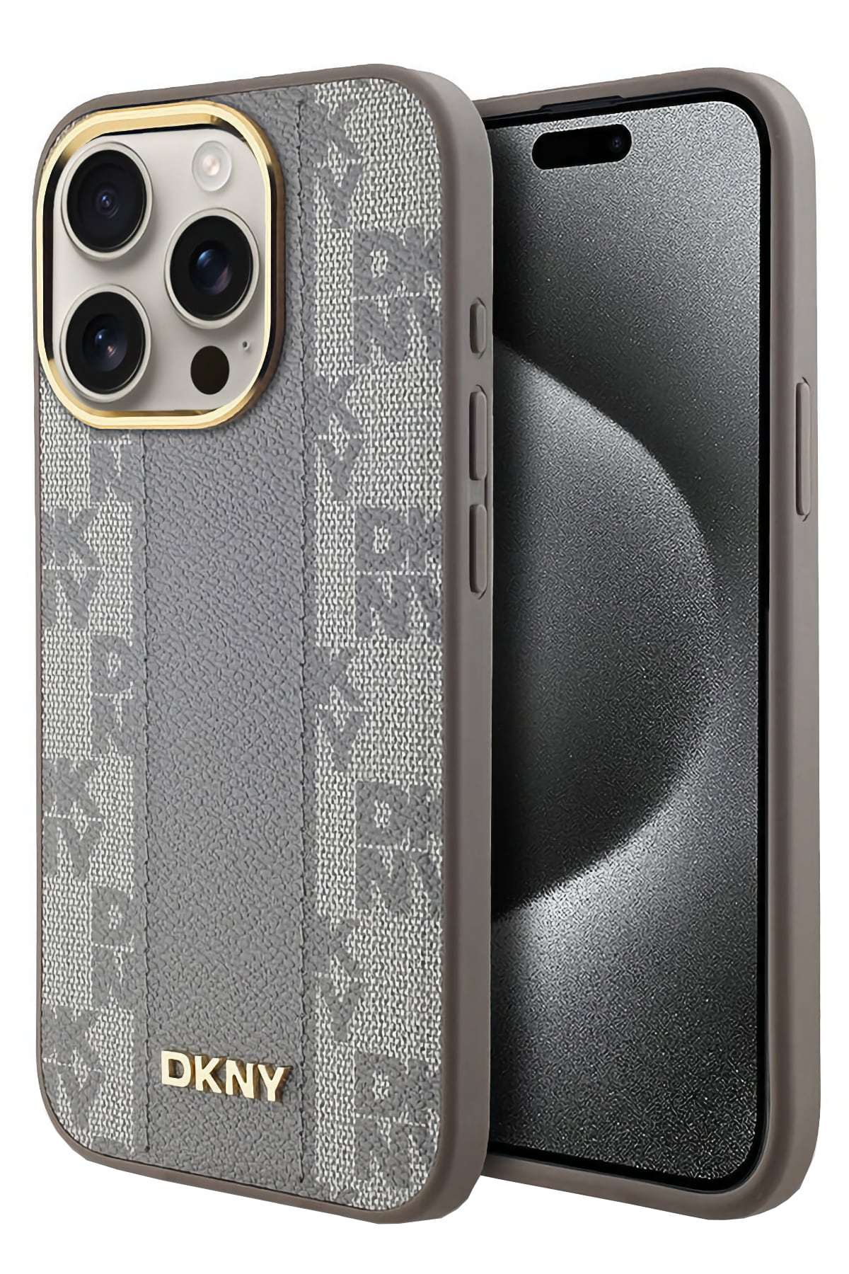 DKNY Checkered Texture Pattern iPhone 15 Pro Magsafe Uyumlu Kılıf Krem  DKNY