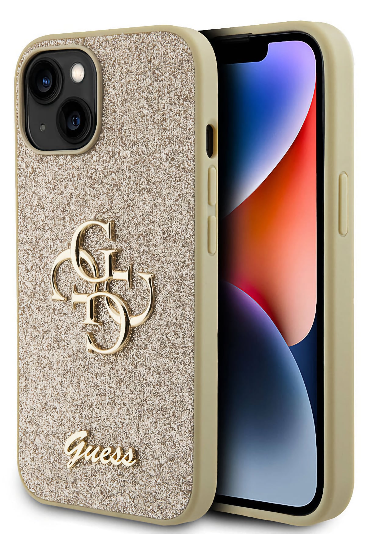 Guess iPhone 15 Uyumlu Glitter 4G Logolu Kılıf Gold  Guess