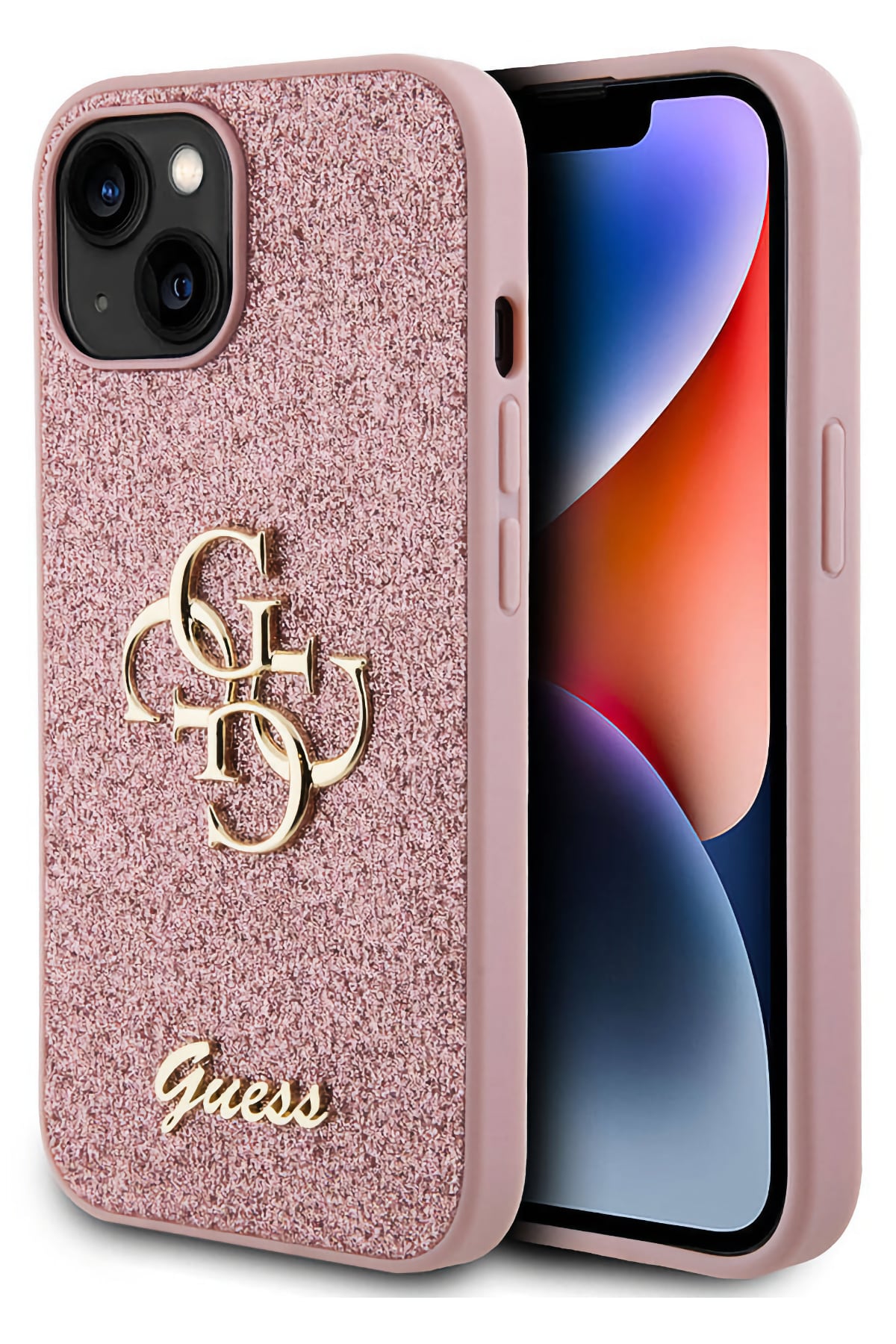 Guess iPhone 15 Plus Uyumlu Glitter 4G Logolu Kılıf Pembe  Guess