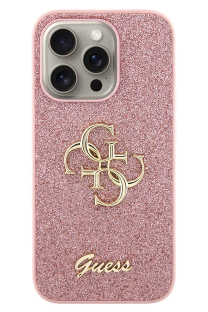 Guess iPhone 15 Pro Max Uyumlu Glitter 4G Logolu Kılıf Pembe  Guess