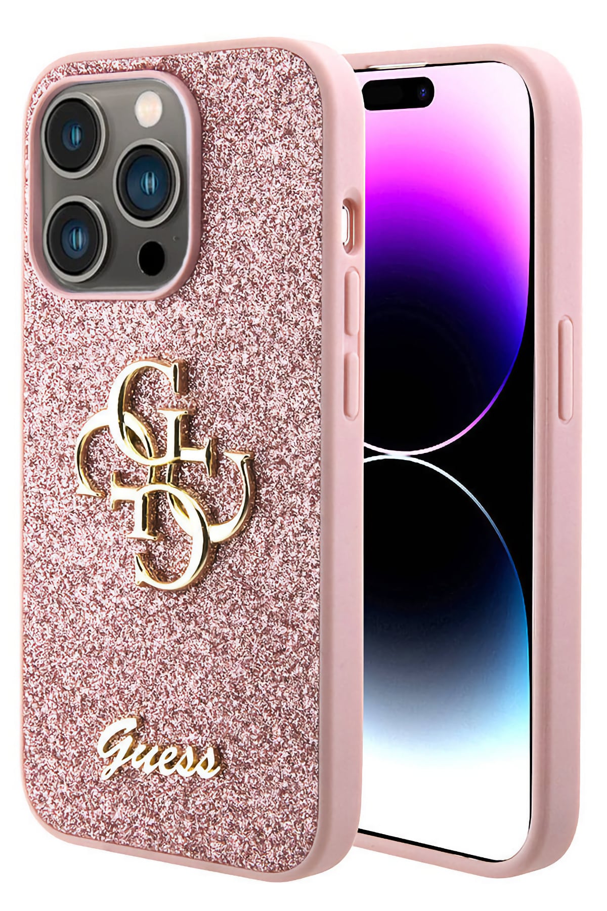 Guess iPhone 15 Pro Max Uyumlu Glitter 4G Logolu Kılıf Pembe  Guess