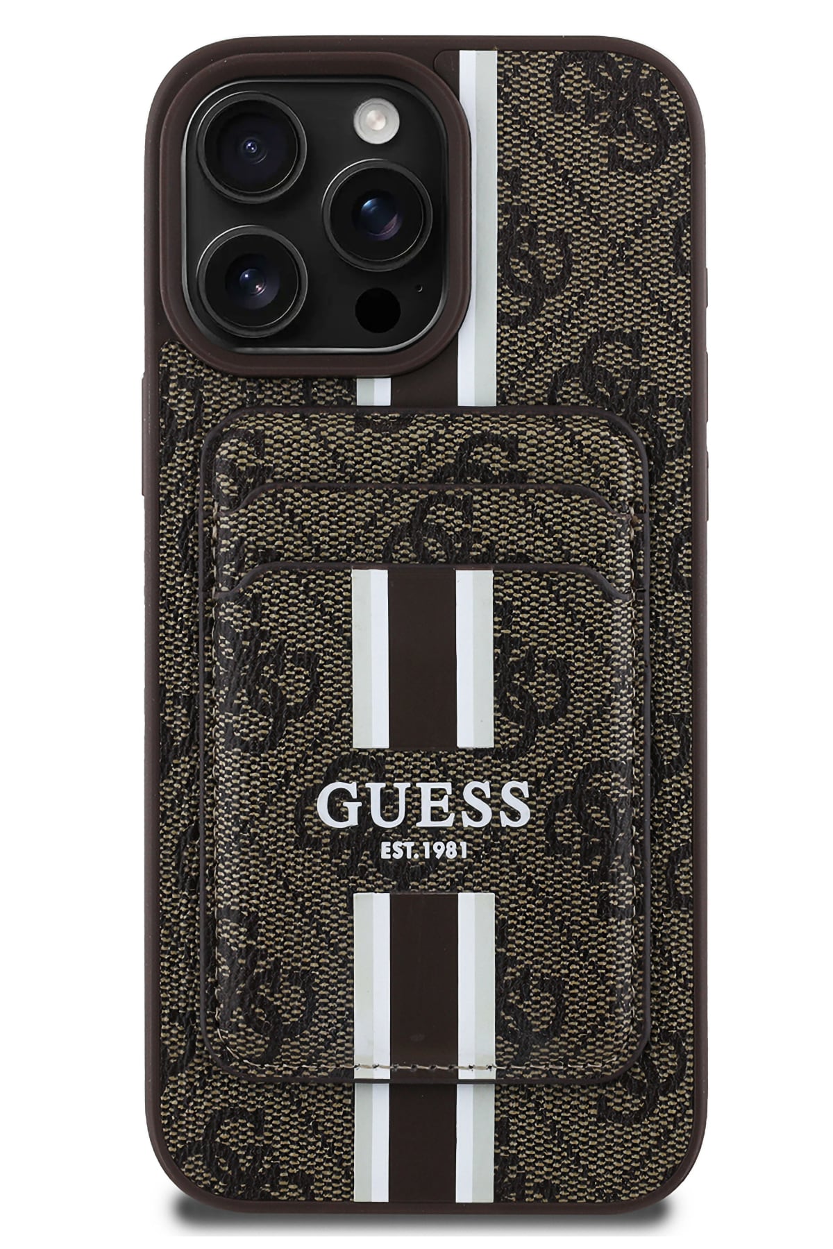 Guess Classic 4G Desenli iPhone 16 Pro Magsafe Uyumlu Kredi Kartlıklı Kılıf Kahverengi Guess