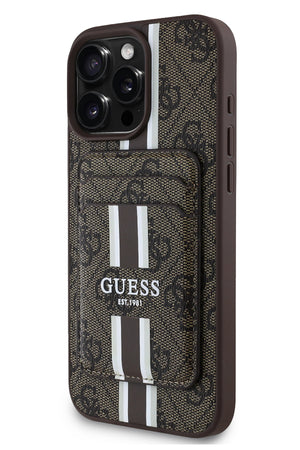 Guess Classic 4G Desenli iPhone 16 Pro Magsafe Uyumlu Kredi Kartlıklı Kılıf Kahverengi Guess