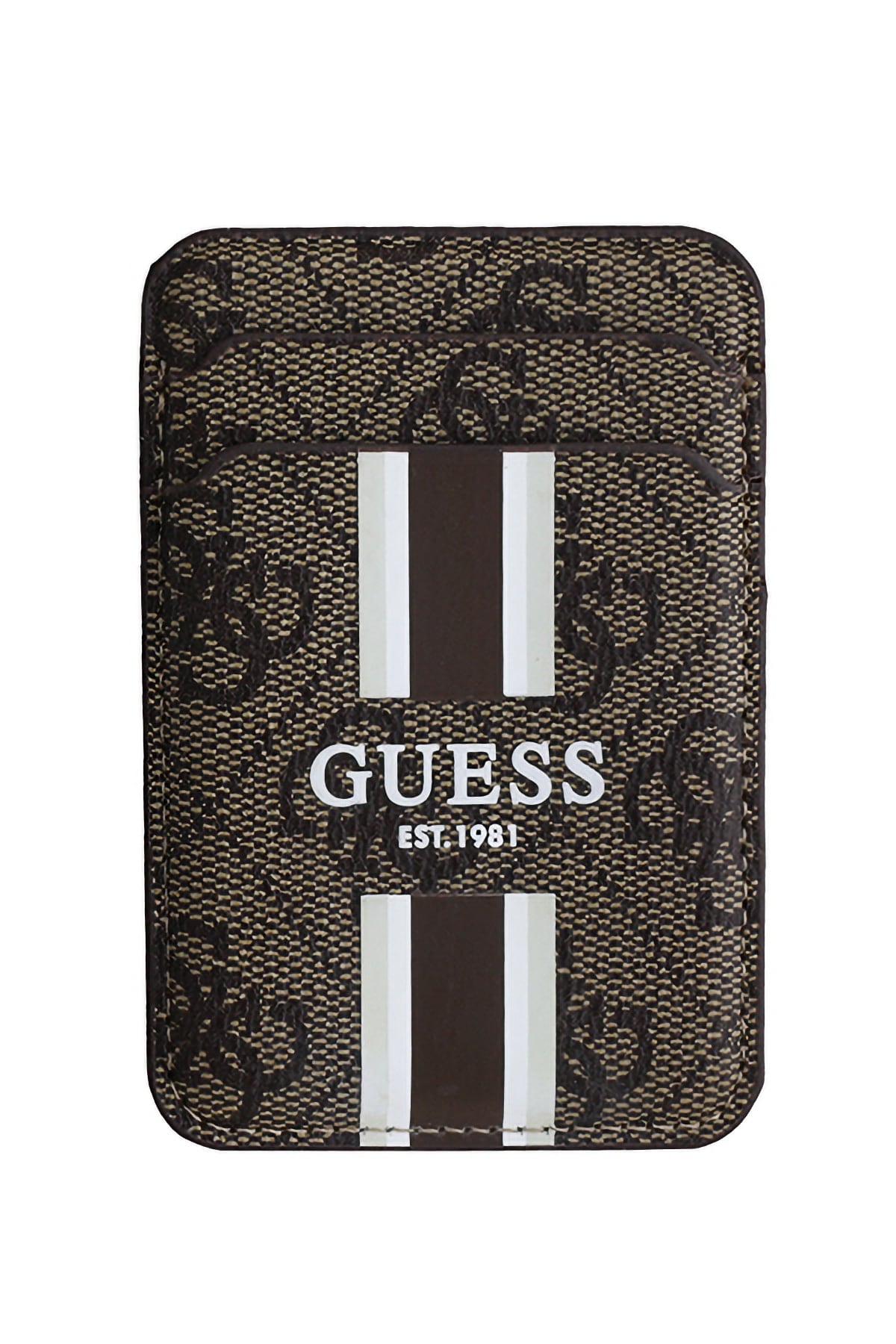 Guess Classic 4G Desenli iPhone 16 Pro Magsafe Uyumlu Kredi Kartlıklı Kılıf Kahverengi Guess