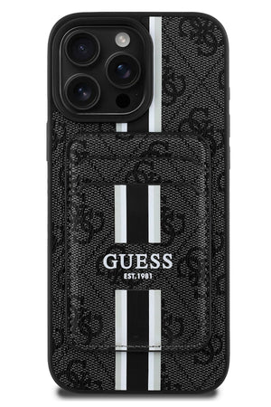 Guess Classic 4G Desenli iPhone 16 Pro Magsafe Uyumlu Kredi Kartlıklı Kılıf Siyah Guess