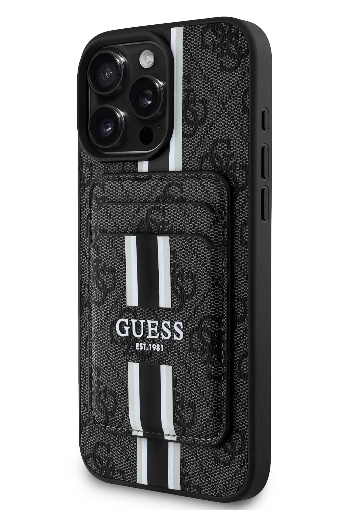 Guess Classic 4G Desenli iPhone 16 Pro Magsafe Uyumlu Kredi Kartlıklı Kılıf Siyah Guess