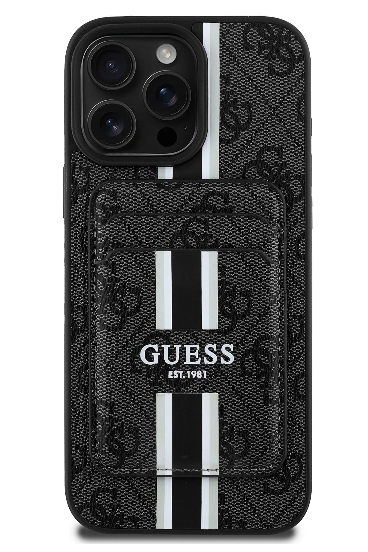 Guess Classic 4G Desenli iPhone 16 Pro Max Magsafe Uyumlu Kredi Kartlıklı Kılıf Siyah Guess