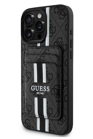 Guess Classic 4G Desenli iPhone 16 Pro Max Magsafe Uyumlu Kredi Kartlıklı Kılıf Siyah Guess