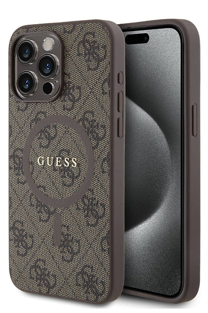 Guess iPhone 14 Pro Magsafe Uyumlu 4G Desenli Kılıf Kahverengi  Guess