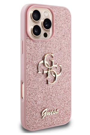 Guess iPhone 16 Pro Max Uyumlu Glitter 4G Logolu Kılıf Pembe  Guess