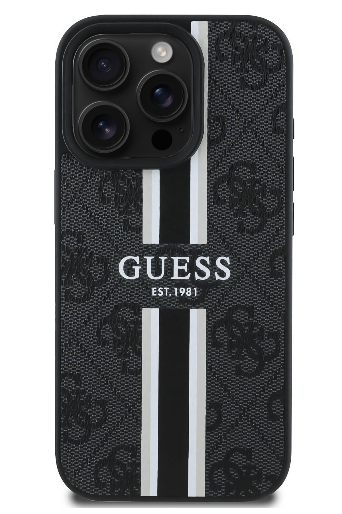 Guess Printed 4G Şerit Logolu iPhone 16 Pro Magsafe Uyumlu Kılıf Siyah