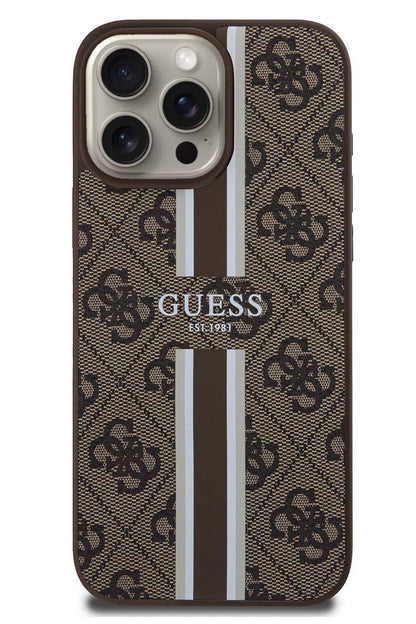 Guess Printed 4G Şerit Logolu iPhone 16 Pro Max Magsafe Uyumlu Kılıf Kahverengi