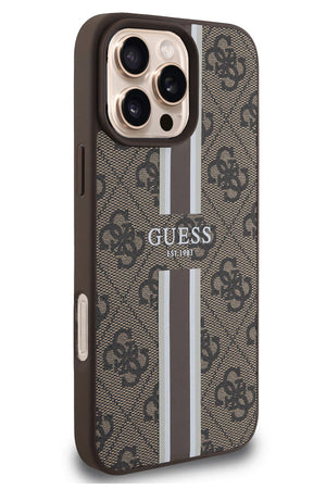 Guess Printed 4G Şerit Logolu iPhone 16 Pro Max Magsafe Uyumlu Kılıf Kahverengi  Guess