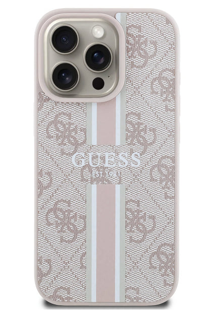 Guess Printed 4G Şerit Logolu iPhone 16 Pro Max Magsafe Uyumlu Kılıf Pembe