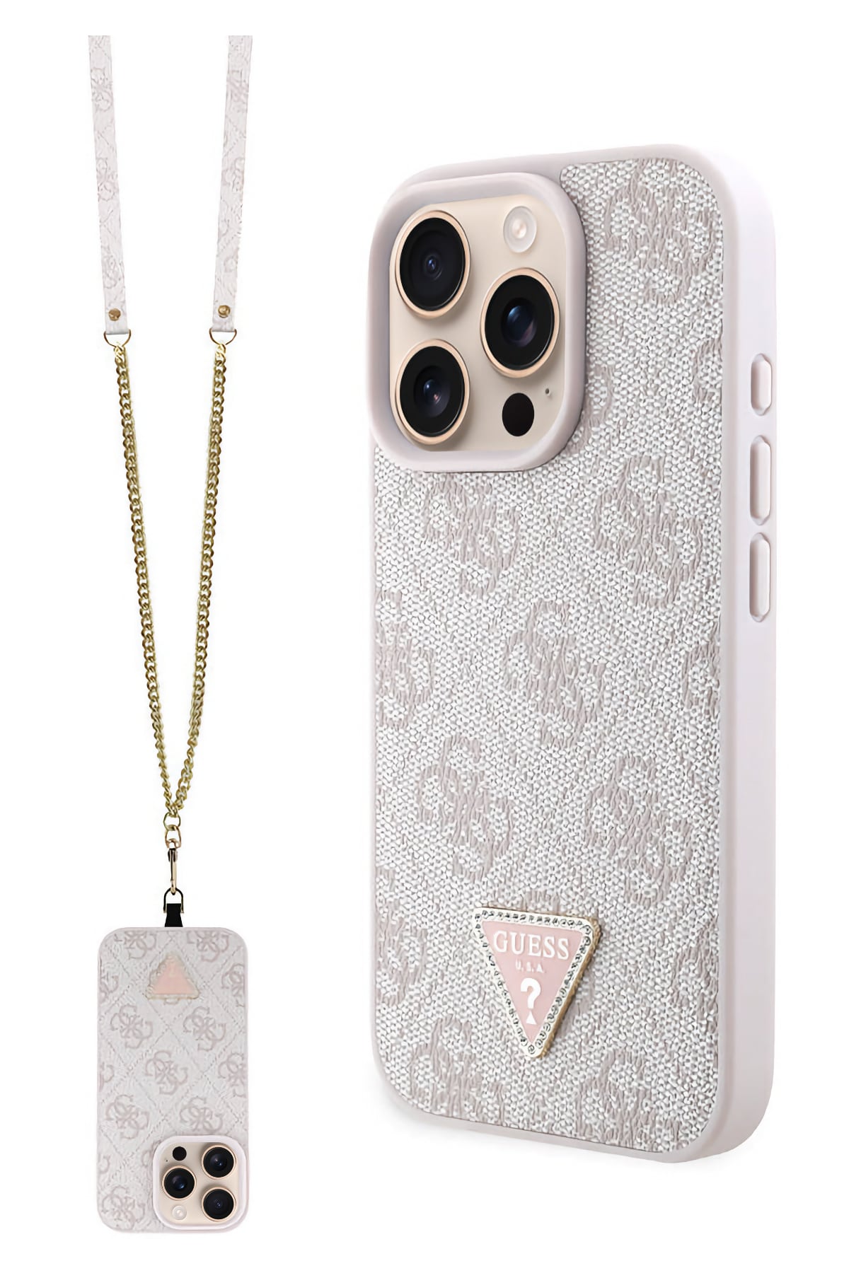 Guess Strass iPhone 16 Pro Max Uyumlu 4G Desenli Vücut Askılı Kılıf Pembe  Guess