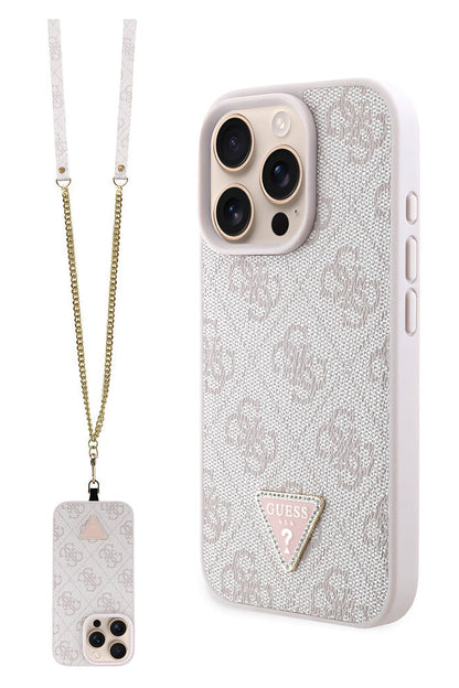 Guess Strass iPhone 16 Pro Max Uyumlu 4G Desenli Vücut Askılı Kılıf Pembe  Guess