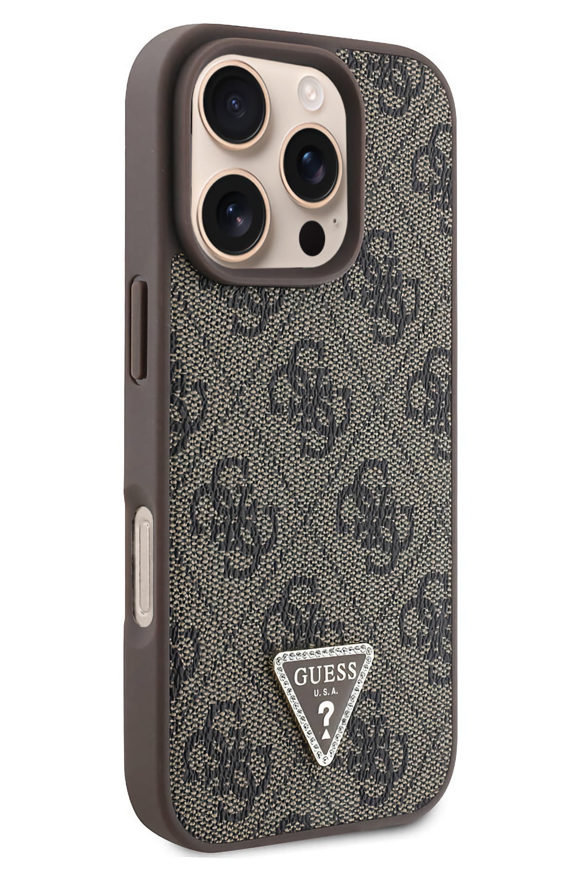 Guess Strass iPhone 16 Pro Uyumlu 4G Desenli Vücut Askılı Kılıf Kahverengi  Guess