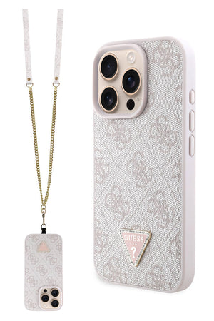 Guess Strass iPhone 16 Pro Uyumlu 4G Desenli Vücut Askılı Kılıf Pembe  Guess