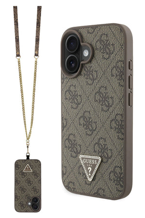 Guess Strass iPhone 16 Uyumlu 4G Desenli Vücut Askılı Kılıf Kahverengi  Guess