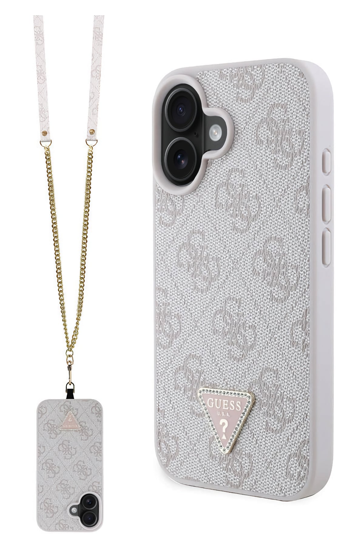 Guess Strass iPhone 16 Uyumlu 4G Desenli Vücut Askılı Kılıf Pembe  Guess