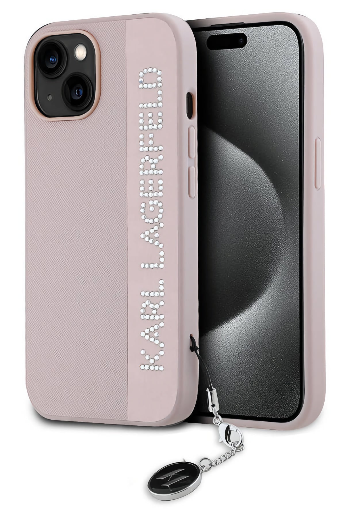 Karl Lagerfeld Saffiano Rhinestones iPhone 14 Kılıf Pembe  Karl Lagerfeld