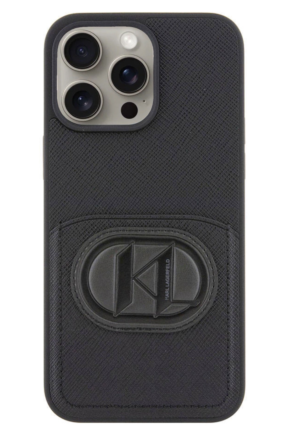 Karl Lagerfeld iPhone 15 Pro Max Uyumlu Saffiano K&L Patch Kartlıklı Kılıf Siyah  Karl Lagerfeld