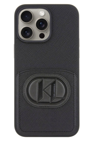 Karl Lagerfeld iPhone 15 Pro Max Uyumlu Saffiano K&L Patch Kartlıklı Kılıf Siyah  Karl Lagerfeld