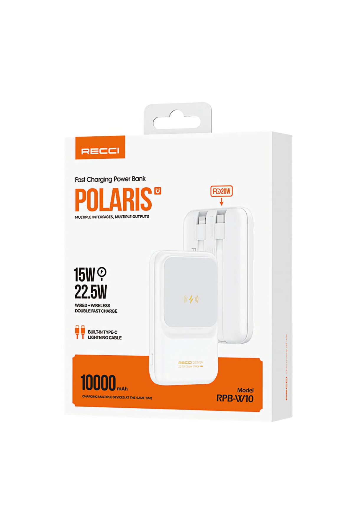 Recci Polaris Çift Kablolu Led Göstergeli 15W 1000mAh Powerbank Beyaz  Recci