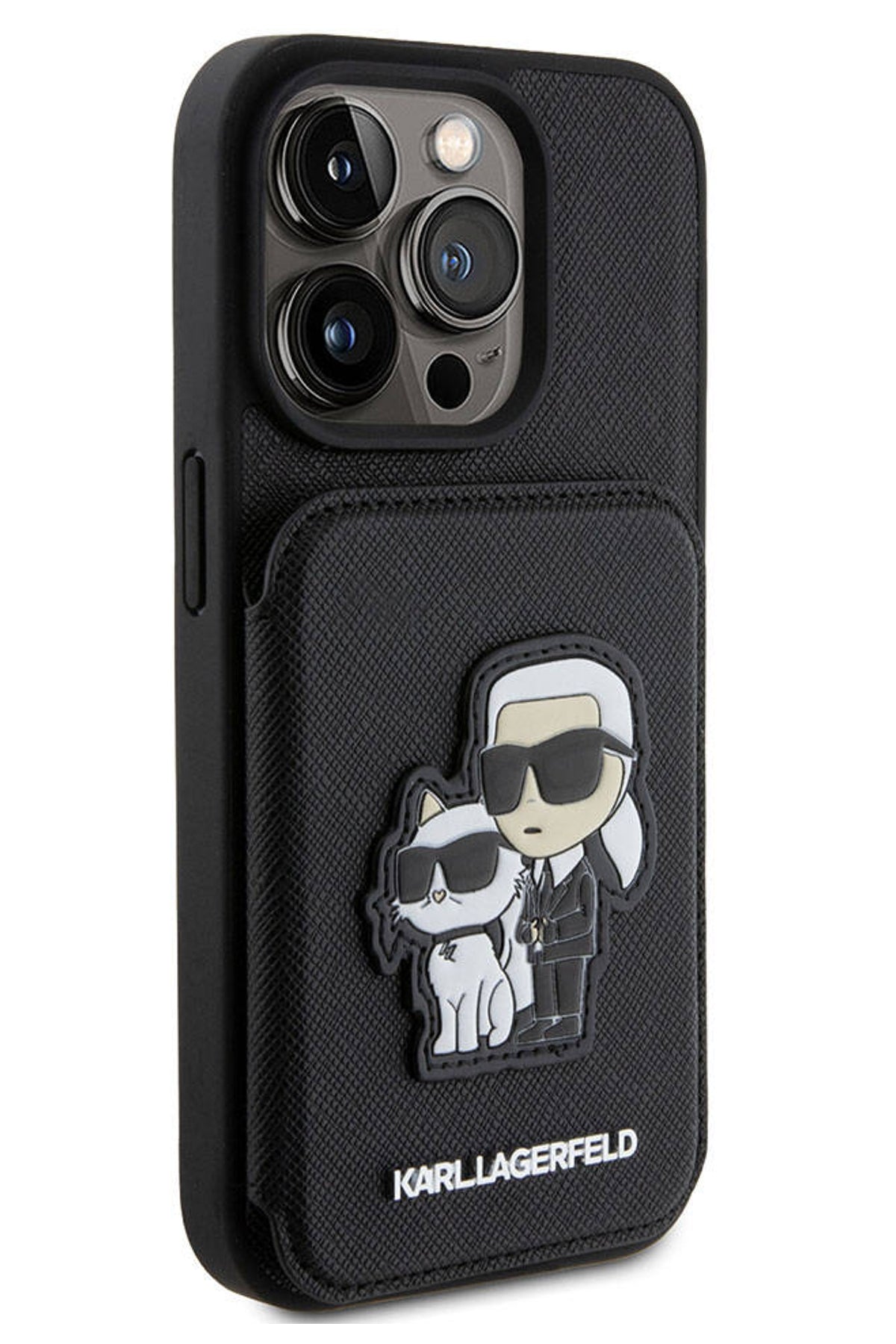 Karl Lagerfeld iPhone 15 Pro Max Uyumlu Saffiano Kartlıklı Standlı K&C Kılıf Siyah  Karl Lagerfeld