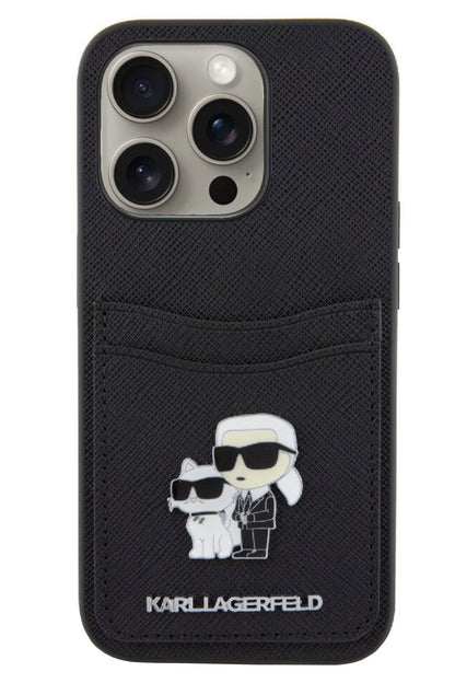 Karl Lagerfeld iPhone 15 Pro Max Uyumlu Saffiano Kartlıklı K&C Kılıf Siyah  Karl Lagerfeld