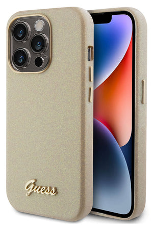 Guess iPhone 15 Pro Max Uyumlu Glitter Glossy Script Silikon Kılıf Gold  Guess